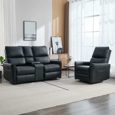 MADRID 1+2 SEATER w CONSOLE MANUAL RECLINER AIR LEATHER SOFA SET BLACK (1/5)