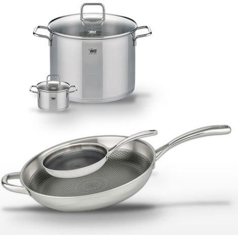 Lot Poêles 32cm & 24cm en inox Elo Relief Evolution et Faitouts 26cm & 12cm (1/5)