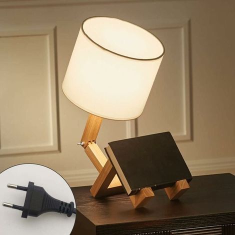 Créatif Robot Lampe de bureau, Réglable peut mettre des livres Bois Lampe de chevet avec la nuance de lampe de tissu Vis E27 Pour Eclairage décoratif [Classe énergétique A] (1/5)