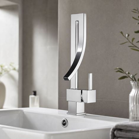 Robinet lavabo salle de bain pivotant 360° en laiton massif, mélangeur eau chaude et froide design géométrique moderne finition chromée brillante (1/5)