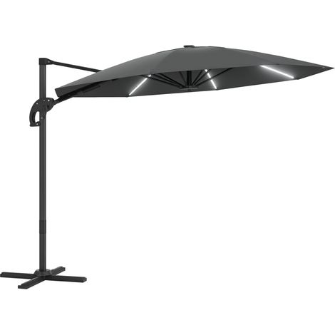 Solar-LED-Sonnenschirm Ø 300 cm, höhenverstellbar mit Kurbel und Ständer, UV-Schutz 50+, dunkelgrau