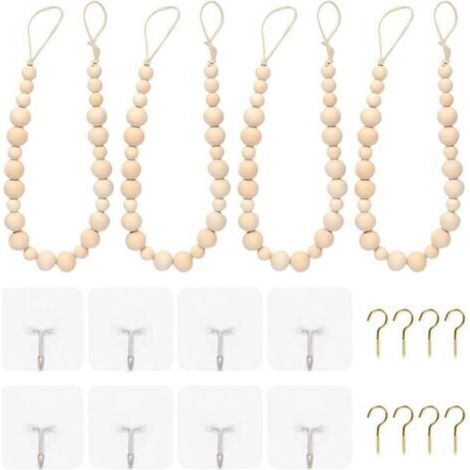 [NON UTILIZZATO] Set di 4 fermatende in perline di legno fatti a mano su corda di cotone per una camera da letto elegante e dall'aspetto naturale.