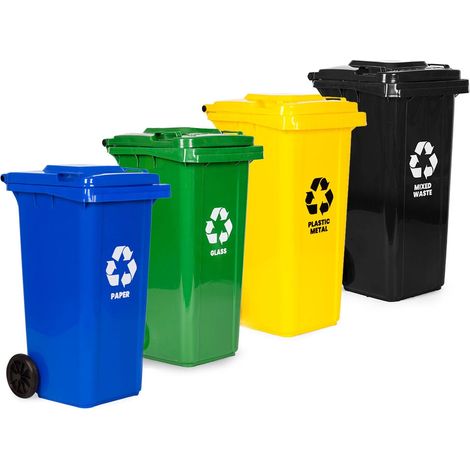 Juego de 4 contenedores de basura de 120 l con ruedas de goma, HDPE, multicolor (1/5)