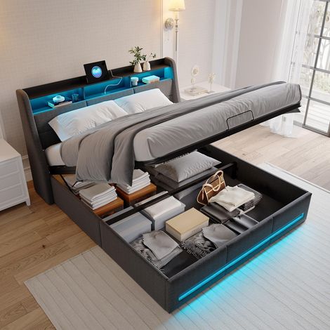 Bett 140x190 cm mit Bettkasten, Bett mit RGB-LED per App, Schubladen, Ladestation und Stauraum-Kopfteil, Leinen, Grau