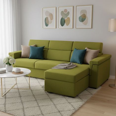Divano Letto con Penisola Ganzaria, Sfoderabile, Contenitore Made in Italy, Idrorepellente Multiposizione Trasformabile in Letto, 285x160 cm Verde (1/5)