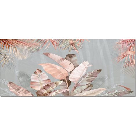 Lupia - Quadro Moderno PICTURES Pink Leaves su Tela Materica a Rilievo, Foglie Tropicali Rosa, Decorazione Artigianale Italiana, Adatto per Soggiorno e Camera, Telaio Ecologico, 52x122 cm (1/4)