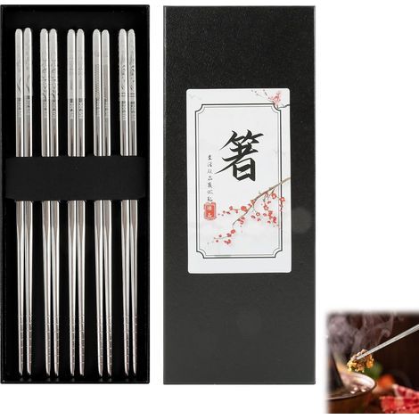 5er-Set wiederverwendbare Essstäbchen aus Edelstahl mit lasergravierten silbernen Motiven, spülmaschinenfest, für die japanische, chinesische und koreanische Küche, ideales Geschenk (1/5)