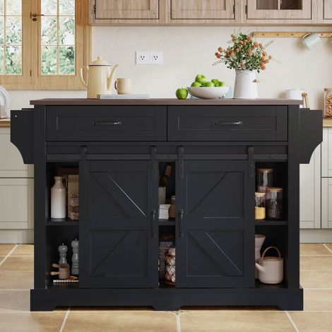 Desserte de cuisine-plan de travail rabattable-roulettes-2 portes coulissantes-2 tiroirs-style grange-noir-120x45(70)x91cm
