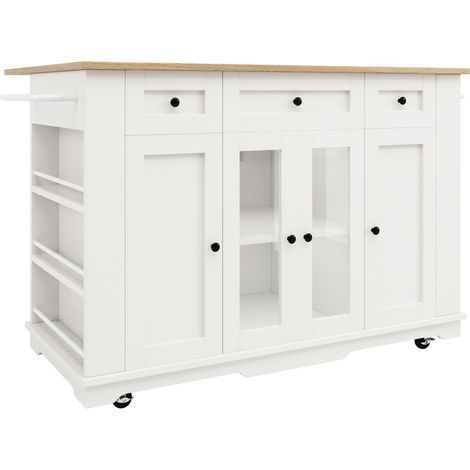 Isla de cocina blanca con encimera efecto madera, puertas de cristal y mesa abatible HOMVRA (1/5)
