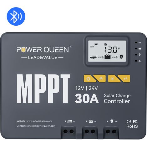 Power Queen – Contrôleur de charge solaire 12/24V 30A Bluetooth MPPT – Efficacité 99,9% – Écran LCD – Compatible LiFePO4, plomb-acide, gel