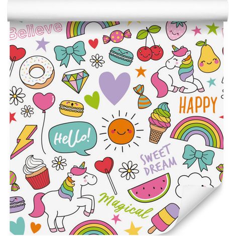 Carta da parati con unicorni, frutta, dolci e nuvole per soggiorno e camera da letto 50x1000 cm (1/5)