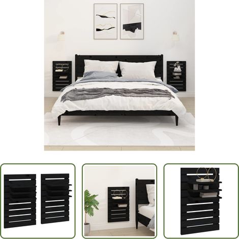 Étagère de chevet - Étagères de chevet murales 2 pcs Noir Bois de pin massif (1/5)