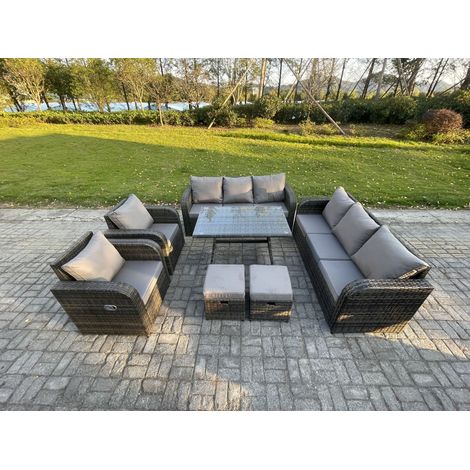 Fimous 10 Seater Rattan Outdoor Garden Furniture Sofa Set Patio Table & Chairs Set with 3 Seater Sofa Rectangular Dining Table 2 Small Footstool Dark Grey Mixed