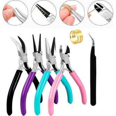 Ensemble de 4 pinces à bijoux, comprenant une pince à bijoux de 11,5 cm, une pince à cintrer ronde, une pince coupante et une pince à bec fin pour la fabrication de bijoux. (1/5)