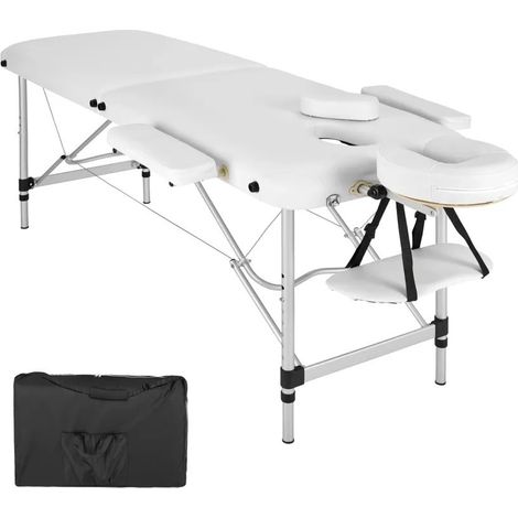 Table de massage pliable en aluminium blanc avec réglage de hauteur et accoudoirs. (1/5)