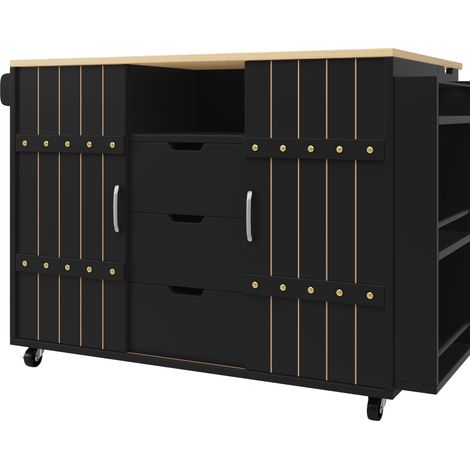 Îlot de cuisine noir en MDF 110 x 42 x 90 cm avec portes coulissantes, tiroirs et roulettes (1/5)