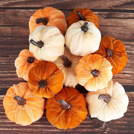 Ensemble de 12 décorations citrouille, en velours de rayonne, pour l'automne et Thanksgiving (1/5)