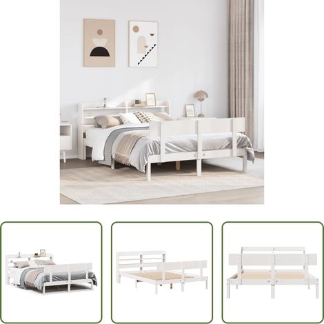 Tête de lit sur pied - Cadre de lit sans matelas blanc 150x200 cm bois de pin massif (1/5)