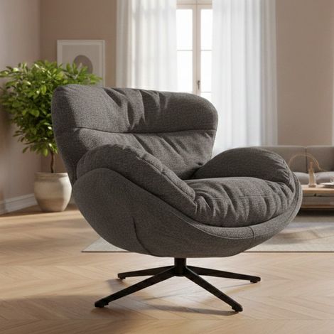 Fauteuil MAUD cocoon gris pivotant 360° en tissu avec base noire contemporaine (1/5)