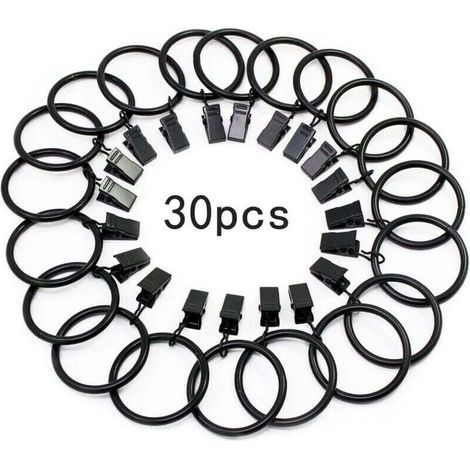 30 anillas para cortinas con clips, anillas metálicas resistentes a la corrosión para barras de cortina, diámetro interior de 32 mm (negro) (1/4)