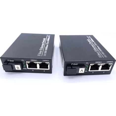 Elfcam Glasfaser-Ethernet-Konverter – 2er-Set – SC Singlemode, 2× SFP-Ports + 2× RJ45-Ports, bis zu 20 km – Inkl. SFP-Modul
