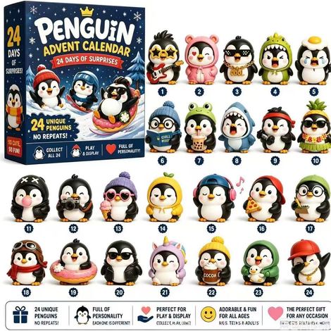 Pinguin-Adventskalender mit 24 einzigartigen Pinguin-Plüschtieren in 3 lustigen Weihnachts-Überraschungsboxen - B -