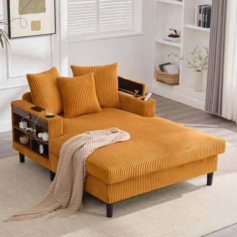 Cord-Sofa-Chaiselongue in Senfgelb, 129 x 170 x 70 cm, mit LED, USB und Stauraum HAVRYA (1/5)