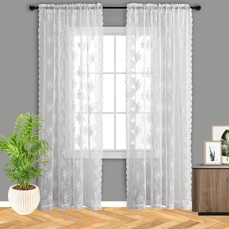 Lot De 2 Rideaux En Dentelle Blanche Brodée, Rideau En Dentelle, Rideaux Dentelle Pour Fenêtres, Fleurs Demi Transparent Avec Oeillets Voilage Décoration Pour Cuisine, Café, Salon, Blanc,150200CM