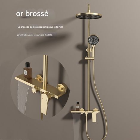 Colonne de douche thermostatique en laiton massif brossé or – Système de douche à haute pression avec double jet pluie et cascade – Installation murale facile