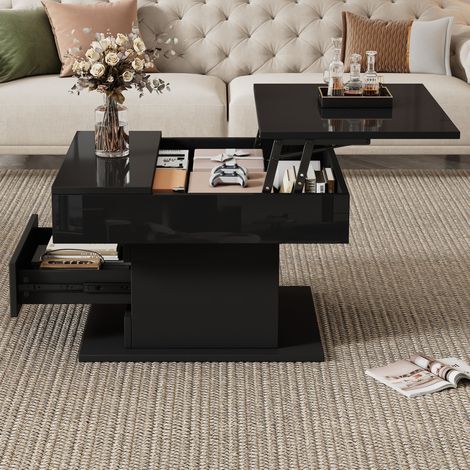 Tavolino da salotto sollevabile 70 x 70 x 45 cm, piano girevole 360°, 1 cassetto, nero DESVIAE (1/5)