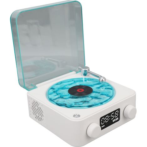Platine vinyle vintage avec enceinte Bluetooth, 4 modes, portable, sans fil, stéréo, avec horloge et veilleuse douce, idéale pour la maison ou la chambre (blanche). (1/5)
