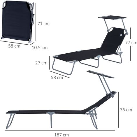 Transat pliable avec parasol intégré, 187x58x36 cm, noir, parfait pour terrasse et balcon, chaise longue de jardin réglable. (1/5)