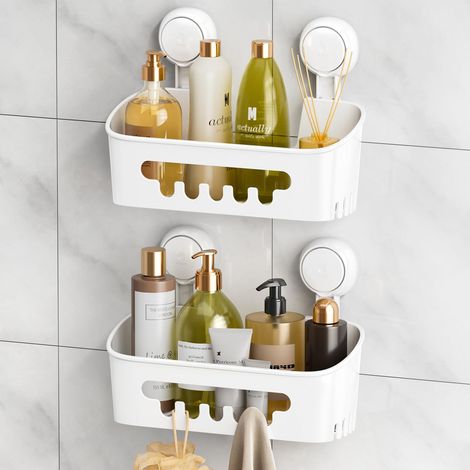 2PCS Etagère Douche sans Perçage Réutilisable Etagère Ventouse Simple d'Installation Charge 10KG Impérable Rangement Douche pour Carrelage Paroi de la Salle de Bain & Cuisine (1/5)