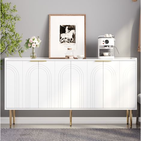 Buffet en MDF blanc 140 x 38 x 75 cm, 4 portes, tablettes réglables et pieds en fer doré (1/5)