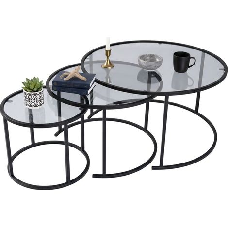 Dmora - Set di 3 tavolini da salotto Rowan, Tavolo basso da caffè, Portariviste per divano, Ripiano da soggiorno, 80x80 h43 cm, Nero e Grigio