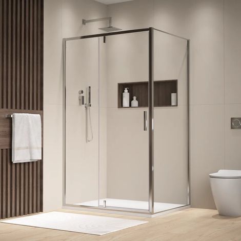 Cabine de douche chromée 130x90 cm avec porte battante à charnières de 130 cm et paroi fixe de 90 cm en verre transparent anti calcaire de 6 mm (1/4)