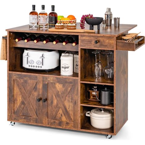 COSTWAY Carrito de Cocina Móvil, Carro de Isla con Encimera Plegable, Estante para Vino, Soporte para Copas, Toallero y Especiero, Carro Rodante para Cocina, Bar y Comedor, Marrón Rústico (1/5)