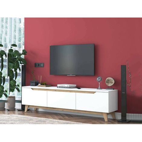Dmora - Mueble de televisión Cor, Aparador de salón, Mueble bajo para TV, Base de pared equipada, 180x35h49 cm, Blanco y Nogal, con embalaje reforzado (1/5)