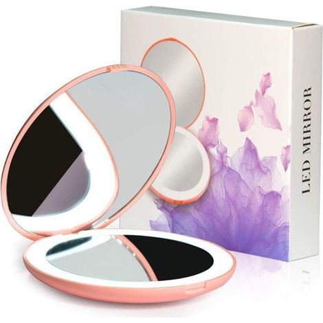 Miroir compact à LED, miroir de voyage lumineux, grossissement x10, portable, double face, miroir de maquillage portable pour poche, sac à main, cadeau, rose, rond de 8,9 cm-RAPANDA (1/4)