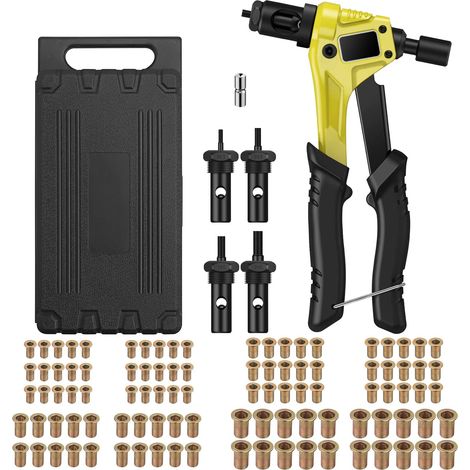 Kit de 8" Pince Ecrou a Riveter Pistolet à Ecrou Rivets avec Mandrins M3 M4 M5 M6 et 100PCS Rivets Outils de Rivetage pour Riveteuse à Main Mini Riveteuse à Ecrou avec Boîte à Outils Jaune (1/5)