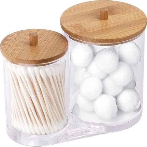 Boite De Rangement Pour Cotons Tiges - En Polystyrene - Avec Couvercle En Bois De Caoutchouc - 2 Compartiments - 1 Pièce (1/5)