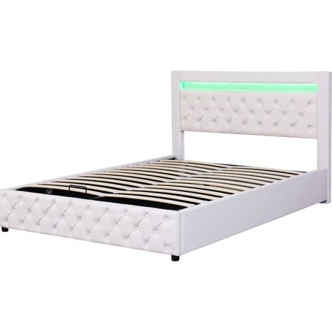 Cama tapizada 140 x 200 cm con somier de láminas, arcón de almacenaje y LED, blanca, PU (1/5)