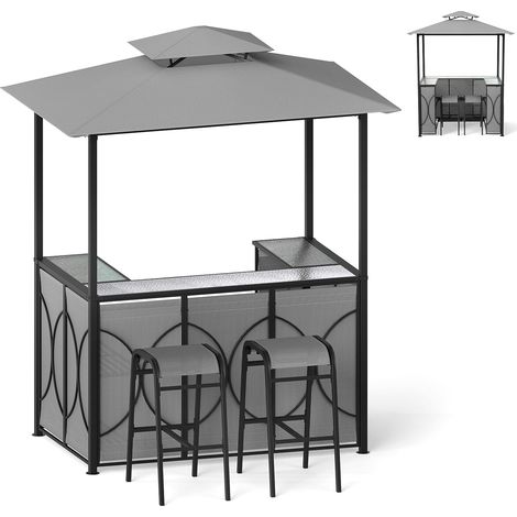 3 Pcs Abri Barbecue avec Bar d'Extérieur,Table de Bar en Verre Trempé, 2 Tabourets, Porte-Verres, Abri de Grill à Double Toit pour Jardin, Piscine, Cour,194 x 121 x 242CM (Gris-1) (1/5)