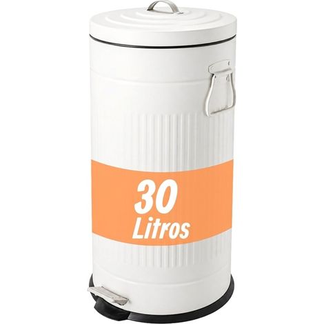 Relaxdays Cubo de basura retro, 30 l, cocina, pedal, cierre suave, cubo interior extraíble, metal, blanco (1/5)