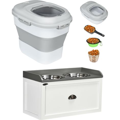PawHut conjunto de 1 comedero elevado para perros con 2 tazones 2000ml de acero inoxidable y 1 contenedor de comida 25L con ruedas taza blanco