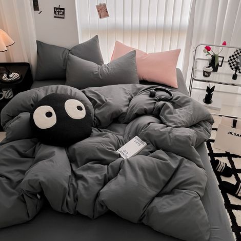 Ultra-weiche Bettwäsche aus gewaschener Baumwolle im zerknitterten Leinen-Look – 4-teiliges Bettwäscheset 180x220 cm, ideal für Studenten und Jugendherbergen (Grau)-lsw