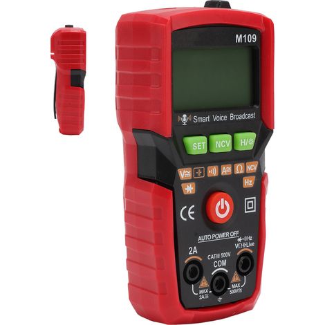 Multimètre numérique portable automatique NCV, voltmètre/ampèremètre CC/CA, avec diffusion vocale en anglais et lampe torche. Rouge. (1/5)