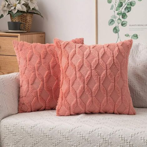 Lot de 2 Housses de Coussins Doux Peluche en Laine et Daim avec des Motifs de Diamant sur Deux Faces Décoratif Taie d'oreiller à Salon Chambre Canapé 40x40 cm Rougeâtre (1/5)