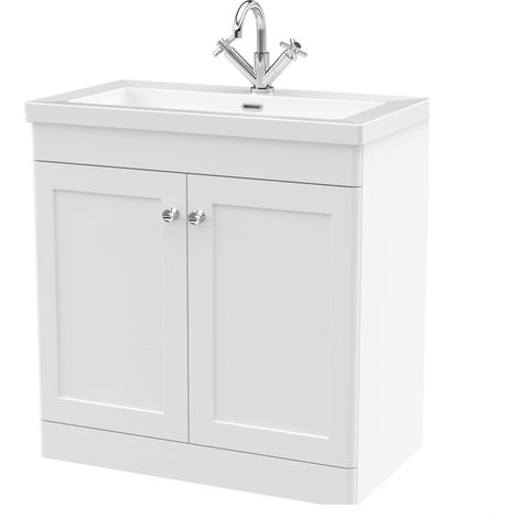 Swynnerton Traditional 2 Door Floor Standing Vanity Unit with Fireclay Basin, Satin White, 800mm