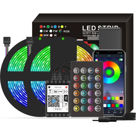Tira de LED Wi-Fi RGB inteligente 5050 de 10 m de largo, control por voz y aplicación, mando a distancia de 24 teclas. (1/5)